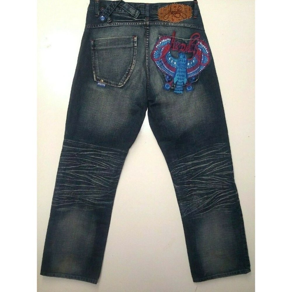 Akademiks Jeans Hip Hop Distressed Sz 34 Embroidered Eagle Patch Streetwear